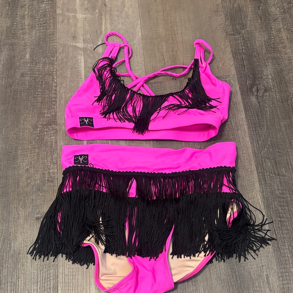 Kandi Kouture Pink and Black Fringe Kids Dance Set